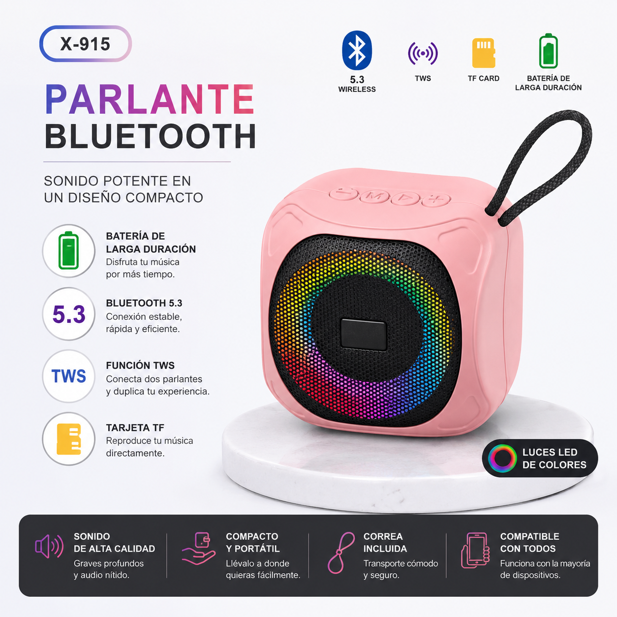 PARLANTE BLUETOOTH PORTÁTIL X-915 CON LUCES LED RGB